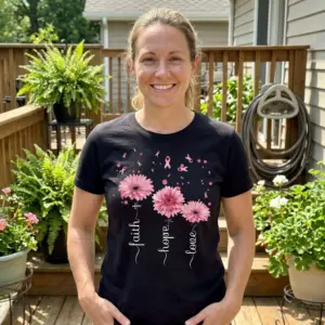 Faith Hope Love Breast Cancer Ribbon T-Shirt 11 Person wearing T-shirt with pink floral and ribbon design for awareness.