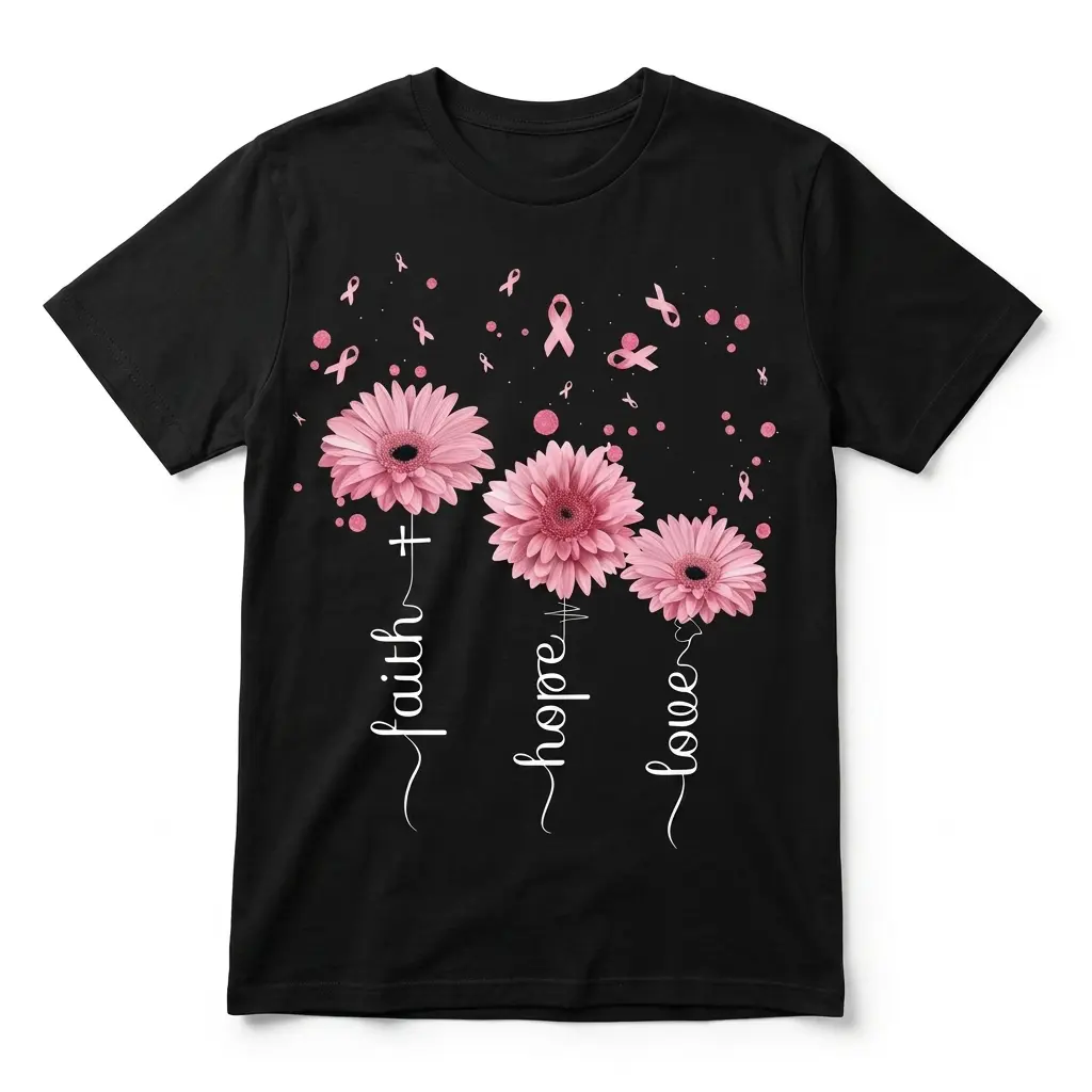 Faith Hope Love Breast Cancer Ribbon T-Shirt 1 Black T-shirt with pink floral design and 'Faith Hope Love' text.
