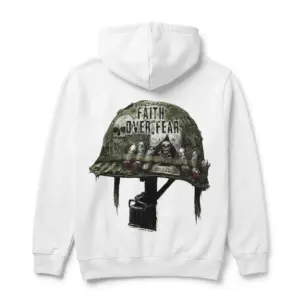 Faith Over Fear Military Helmet Skull T-Shirt 7 Back view of T-shirt displaying a skull-adorned military helmet with 'Faith Over Fear' text.
