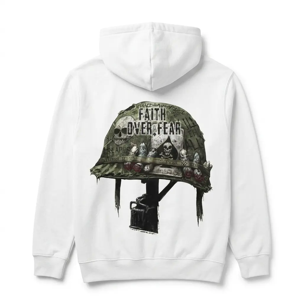 Faith Over Fear Military Helmet Skull T-Shirt 2 Back view of T-shirt displaying a skull-adorned military helmet with 'Faith Over Fear' text.