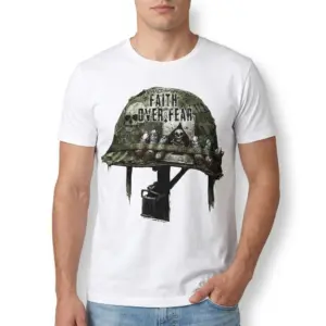 Faith Over Fear Military Helmet Skull T-Shirt 8 Close-up of military helmet and skull design on T-shirt with 'Faith Over Fear' text.