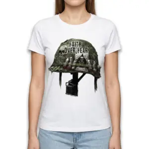 Faith Over Fear Military Helmet Skull T-Shirt 9 Detailed view of 'Faith Over Fear' military helmet design on T-shirt.