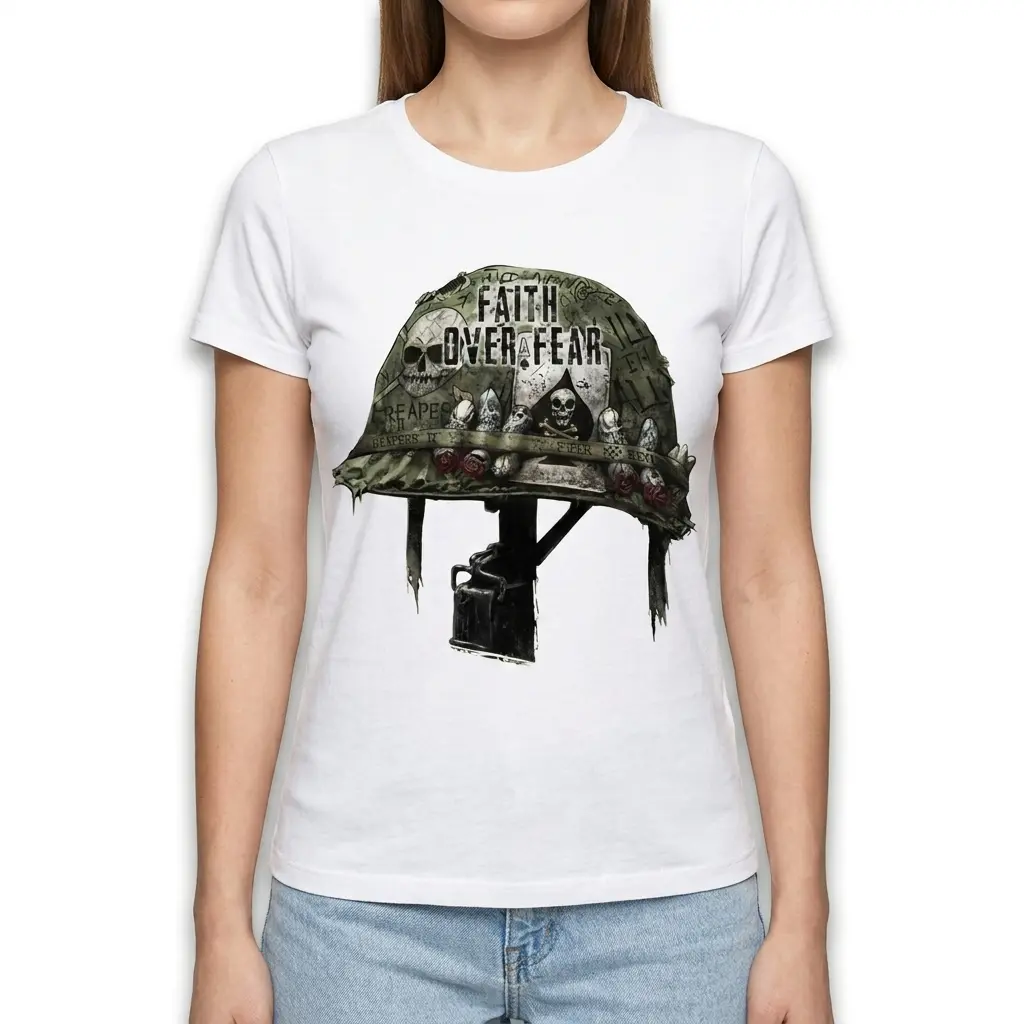 Faith Over Fear Military Helmet Skull T-Shirt 4 Detailed view of 'Faith Over Fear' military helmet design on T-shirt.