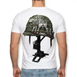 Faith Over Fear Military Helmet Skull T-Shirt 10 Graphic T-shirt with a military helmet showing 'Faith Over Fear' text and skulls.