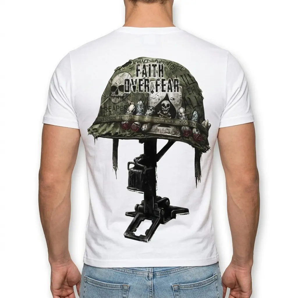 Faith Over Fear Military Helmet Skull T-Shirt 5 Graphic T-shirt with a military helmet showing 'Faith Over Fear' text and skulls.