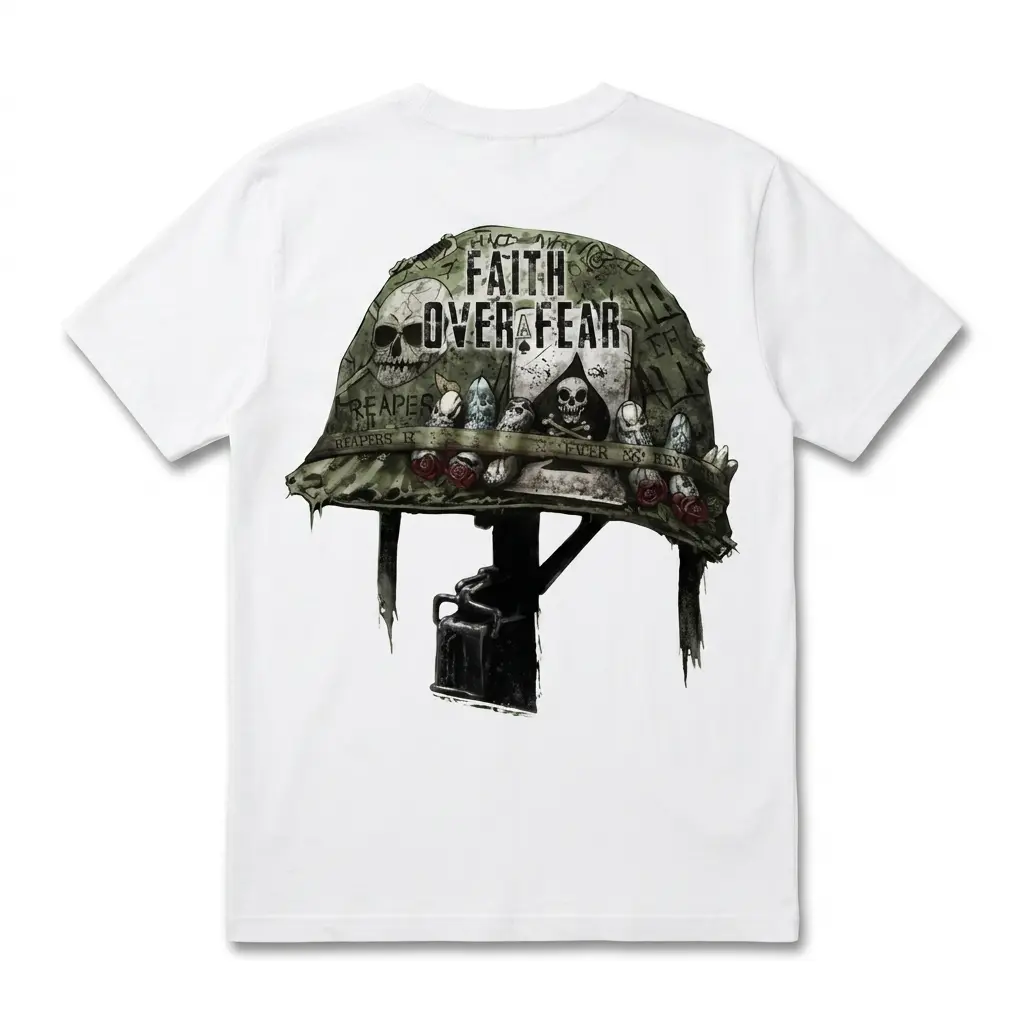 Faith Over Fear Military Helmet Skull T-Shirt 1 White T-shirt featuring a military helmet skull design with 'Faith Over Fear' text.