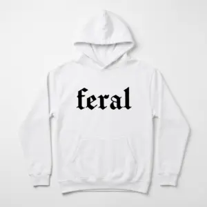 Feral Old English Gothic Graphic T-Shirt 7 Front view of a white t-shirt with 'feral' in striking black Gothic font.