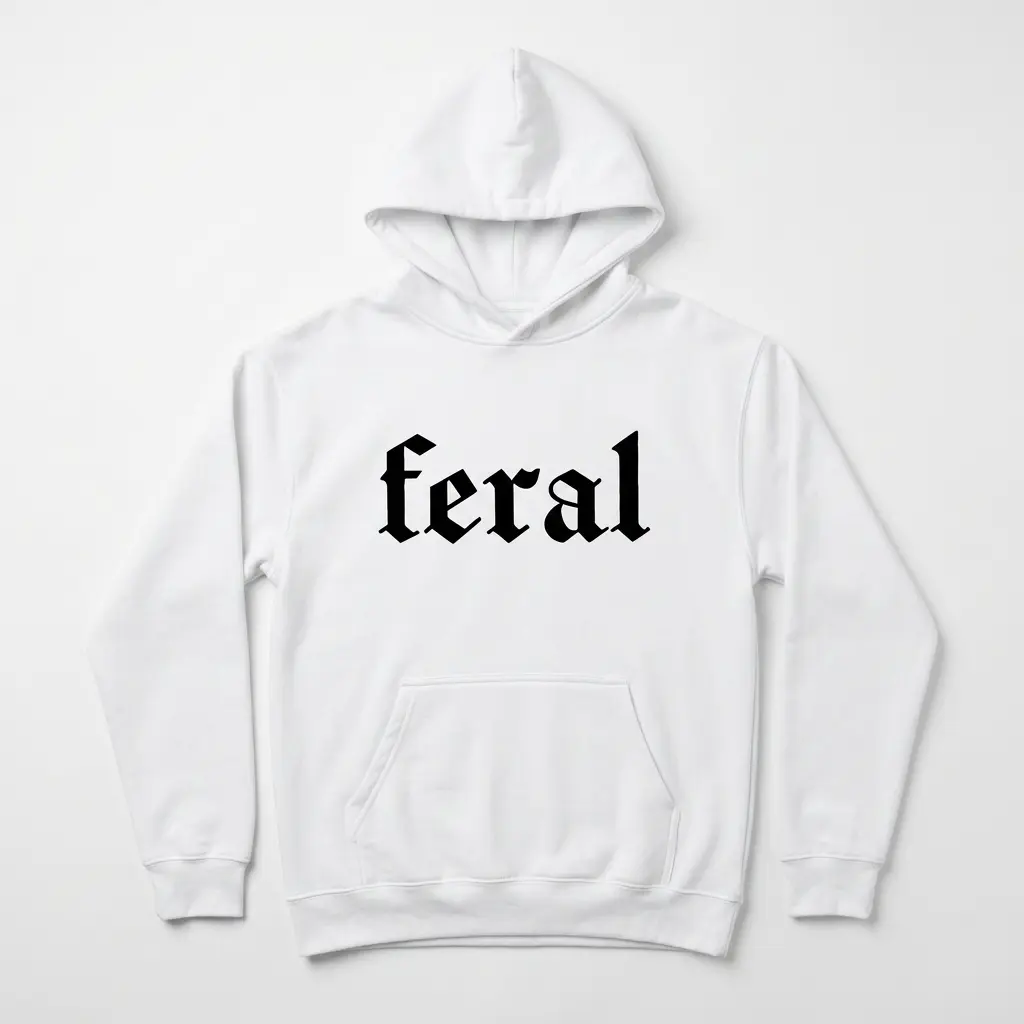 Front view of a white t-shirt with 'feral' in striking black Gothic font.