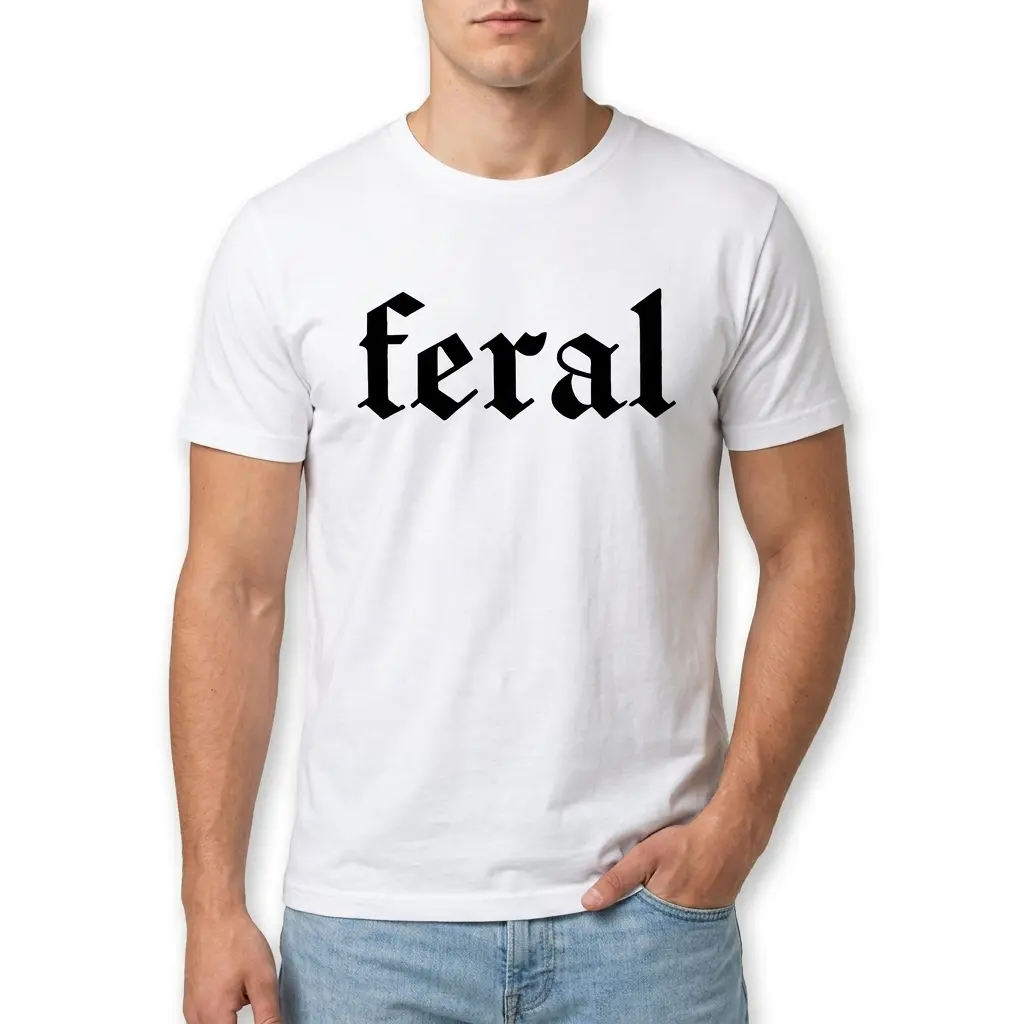Close-up of a white humor t-shirt displaying 'feral' in black Gothic script.