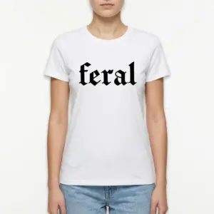 Feral Old English Gothic Graphic T-Shirt 9 Mockup of a white t-shirt with black lettering reading 'feral' in an ornate style.
