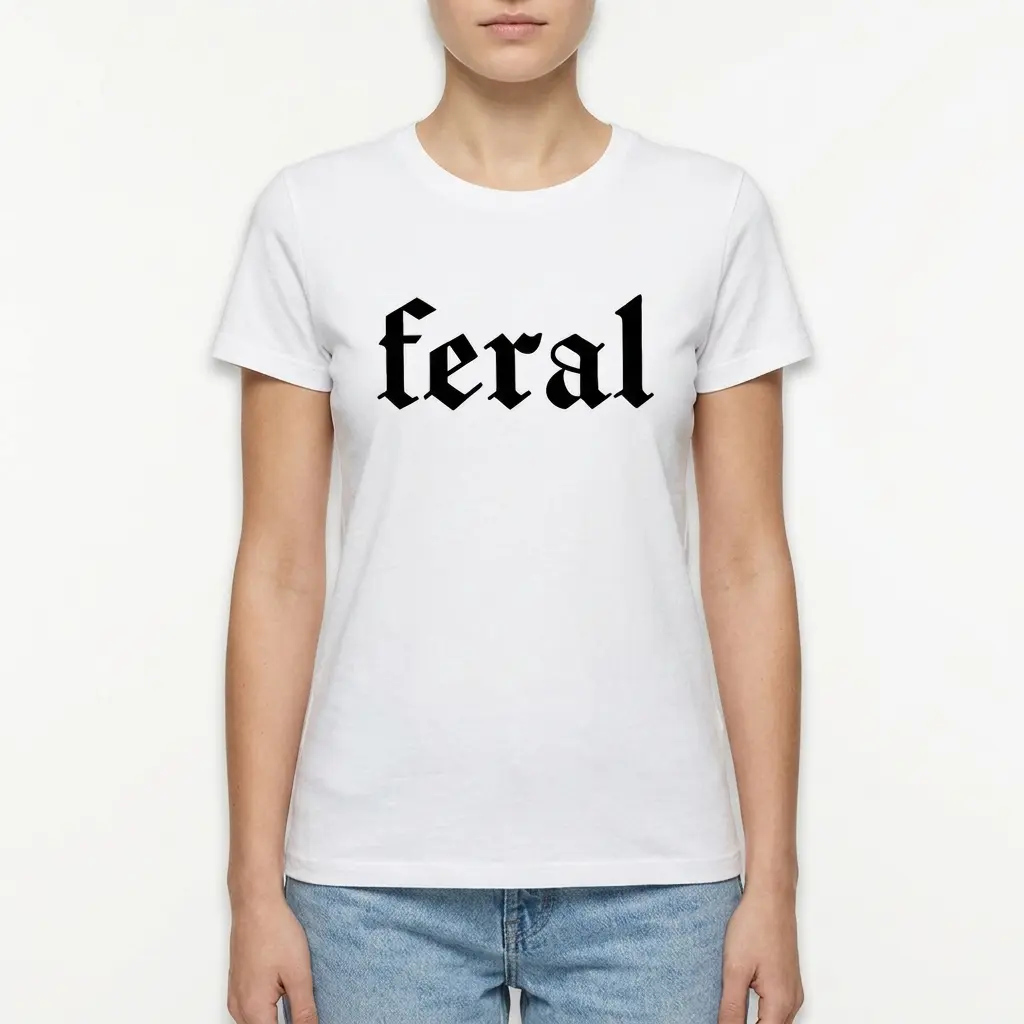 Mockup of a white t-shirt with black lettering reading 'feral' in an ornate style.