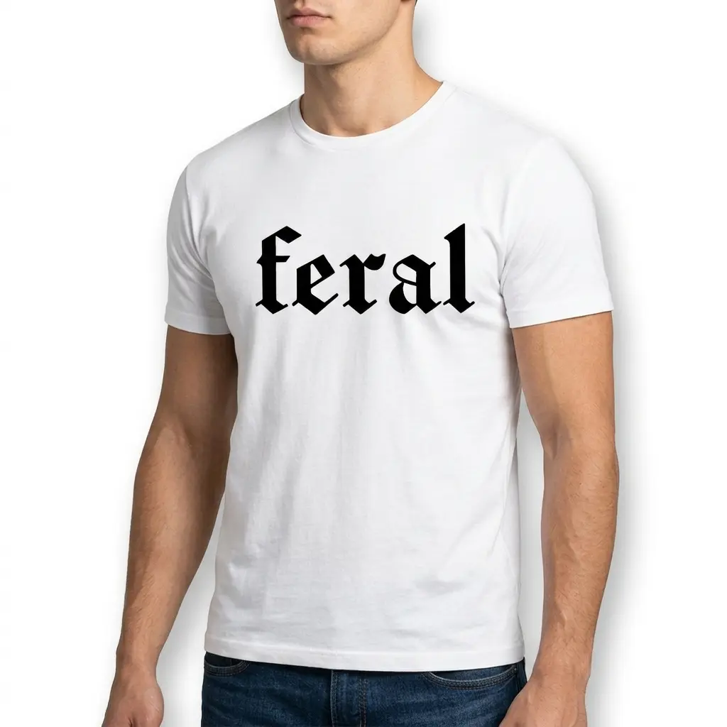 Plain white t-shirt showcasing the word 'feral' in bold black Old English letters.