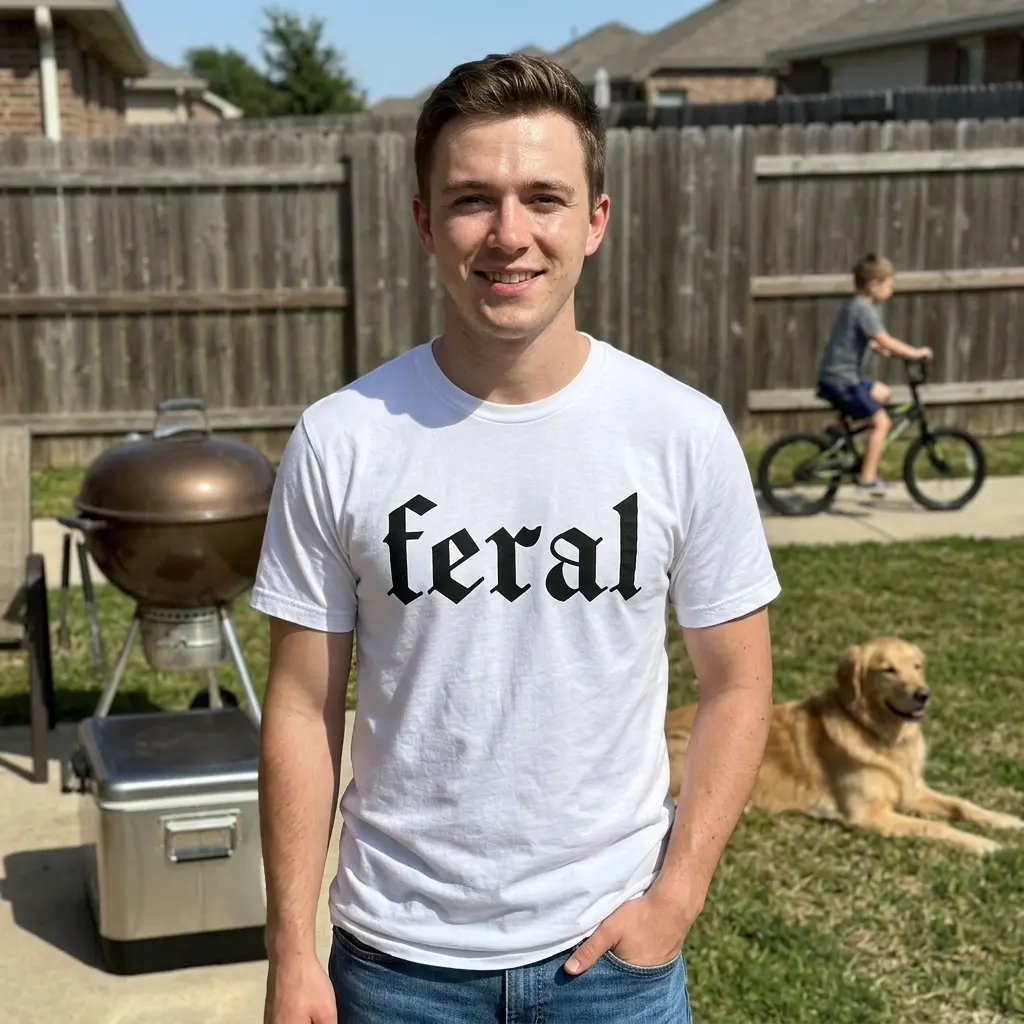Person wearing a white t-shirt with 'feral' in black Gothic text, styled casually.