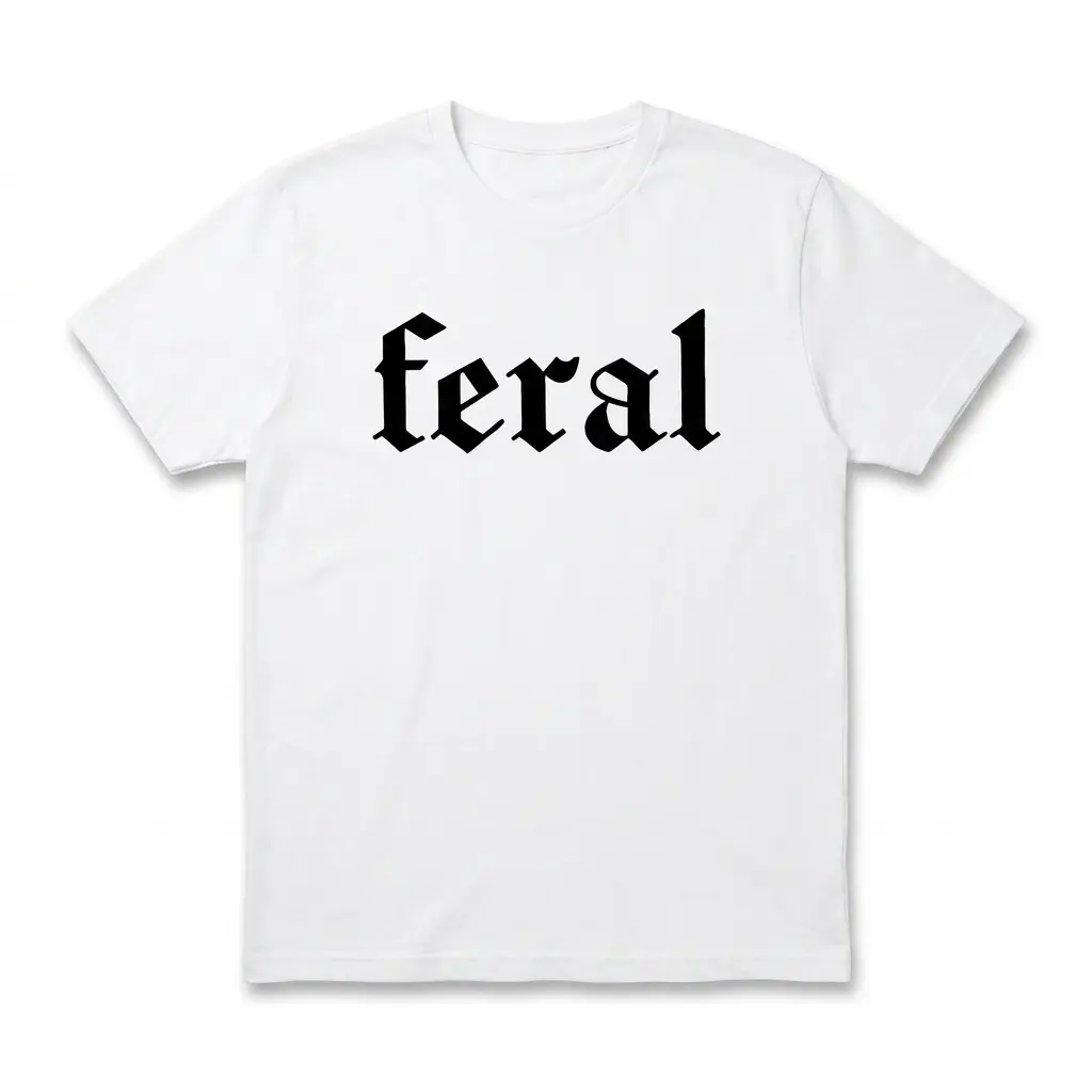 White graphic t-shirt featuring bold black Old English text spelling 'feral'.