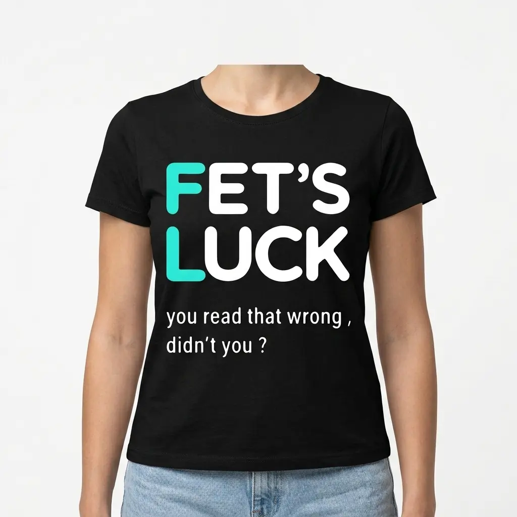 Fets Luck You Read That Wrong T-Shirt 4 Front view of a black humor t-shirt illustrating clever wordplay with bold text, perfect for casual wear.