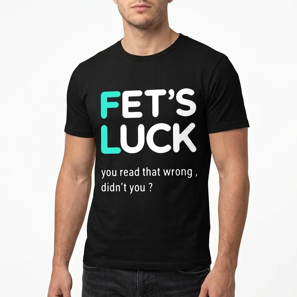 Fets Luck You Read That Wrong T-Shirt 5 Mockup showing a black t-shirt designed with a funny phrase, ideal for those who appreciate humor and wordplay.