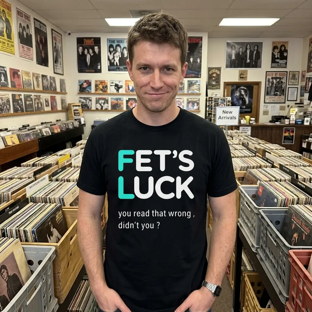Fets Luck You Read That Wrong T-Shirt 6 Lifestyle shot of a person wearing a black t-shirt with the humorous text 'FET’S LUCK you read that wrong, didn’t you?'.