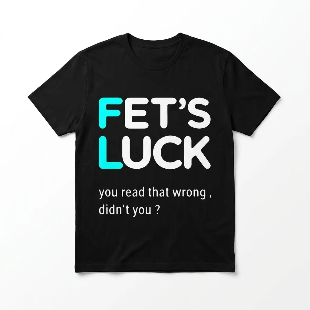 Fets Luck You Read That Wrong T-Shirt 1 Black funny wordplay t-shirt featuring the text 'FET’S LUCK you read that wrong, didn’t you?' in bold font.