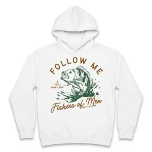 Fishers of Men Christian Fishing T-Shirt 7 Front view of a white T-shirt with 'Fishers of Men' and fish design.