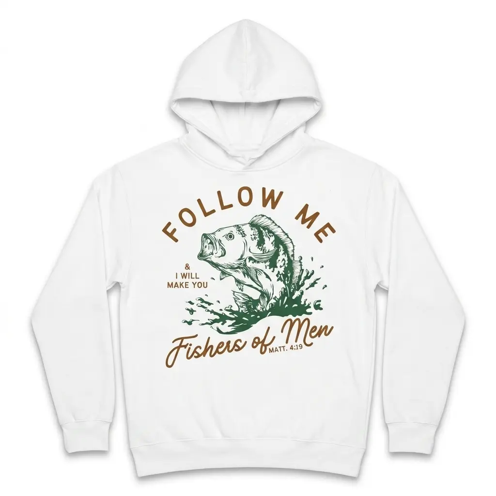 Fishers of Men Christian Fishing T-Shirt 2 Front view of a white T-shirt with 'Fishers of Men' and fish design.