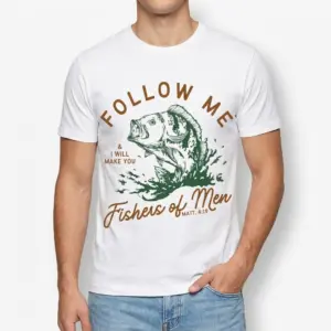 Fishers of Men Christian Fishing T-Shirt 8 Close-up of fish design and 'Fishers of Men' text on T-shirt.