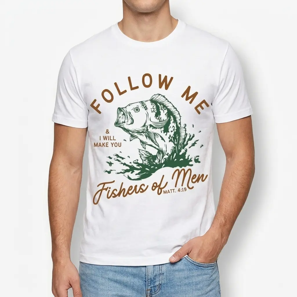 Fishers of Men Christian Fishing T-Shirt 3 Close-up of fish design and 'Fishers of Men' text on T-shirt.