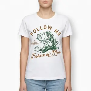 Fishers of Men Christian Fishing T-Shirt 9 Artistic fish design with 'Fishers of Men' text on white tee.