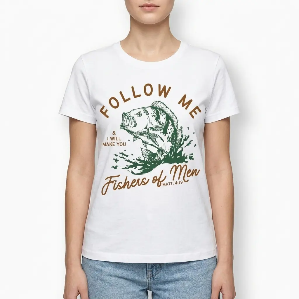 Fishers of Men Christian Fishing T-Shirt 4 Artistic fish design with 'Fishers of Men' text on white tee.