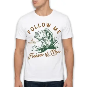 Fishers of Men Christian Fishing T-Shirt 10 Detailed view of T-shirt design with fish and 'Fishers of Men' text.