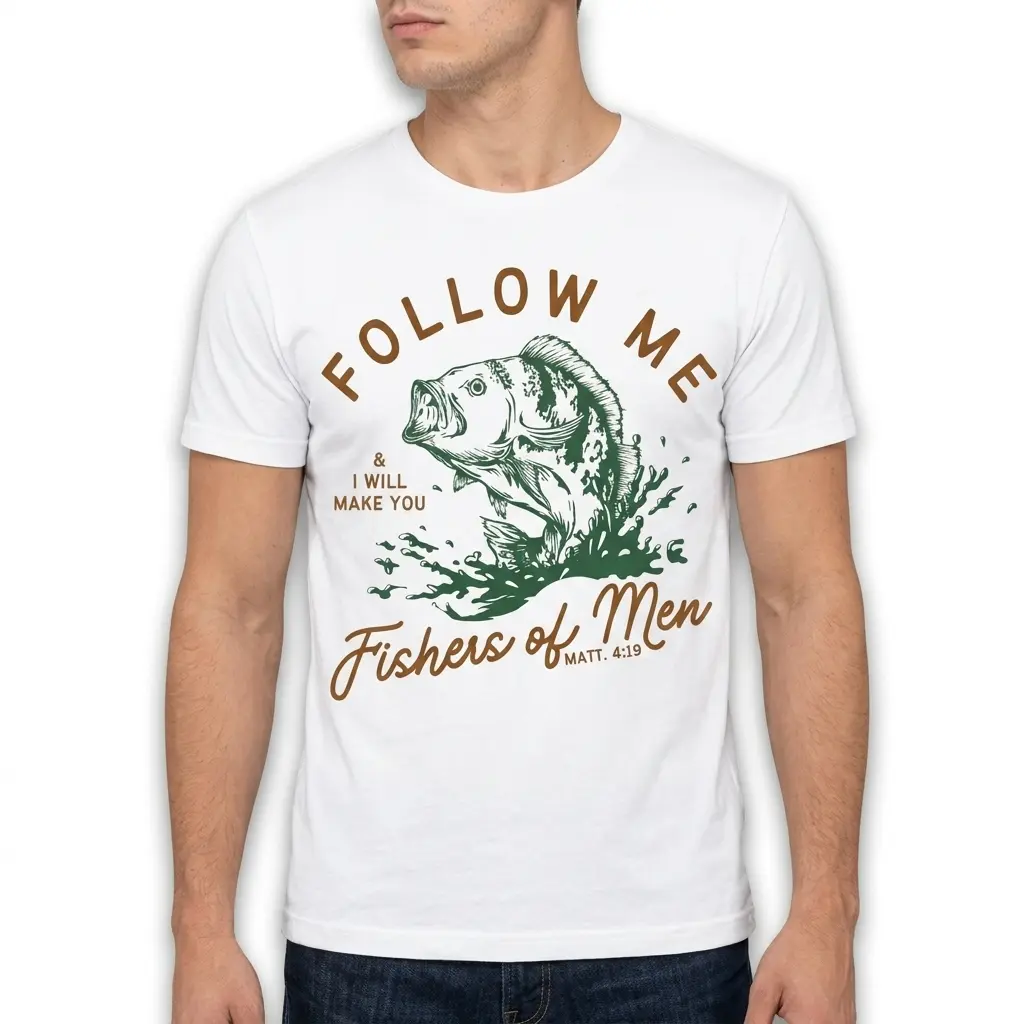 Fishers of Men Christian Fishing T-Shirt 5 Detailed view of T-shirt design with fish and 'Fishers of Men' text.