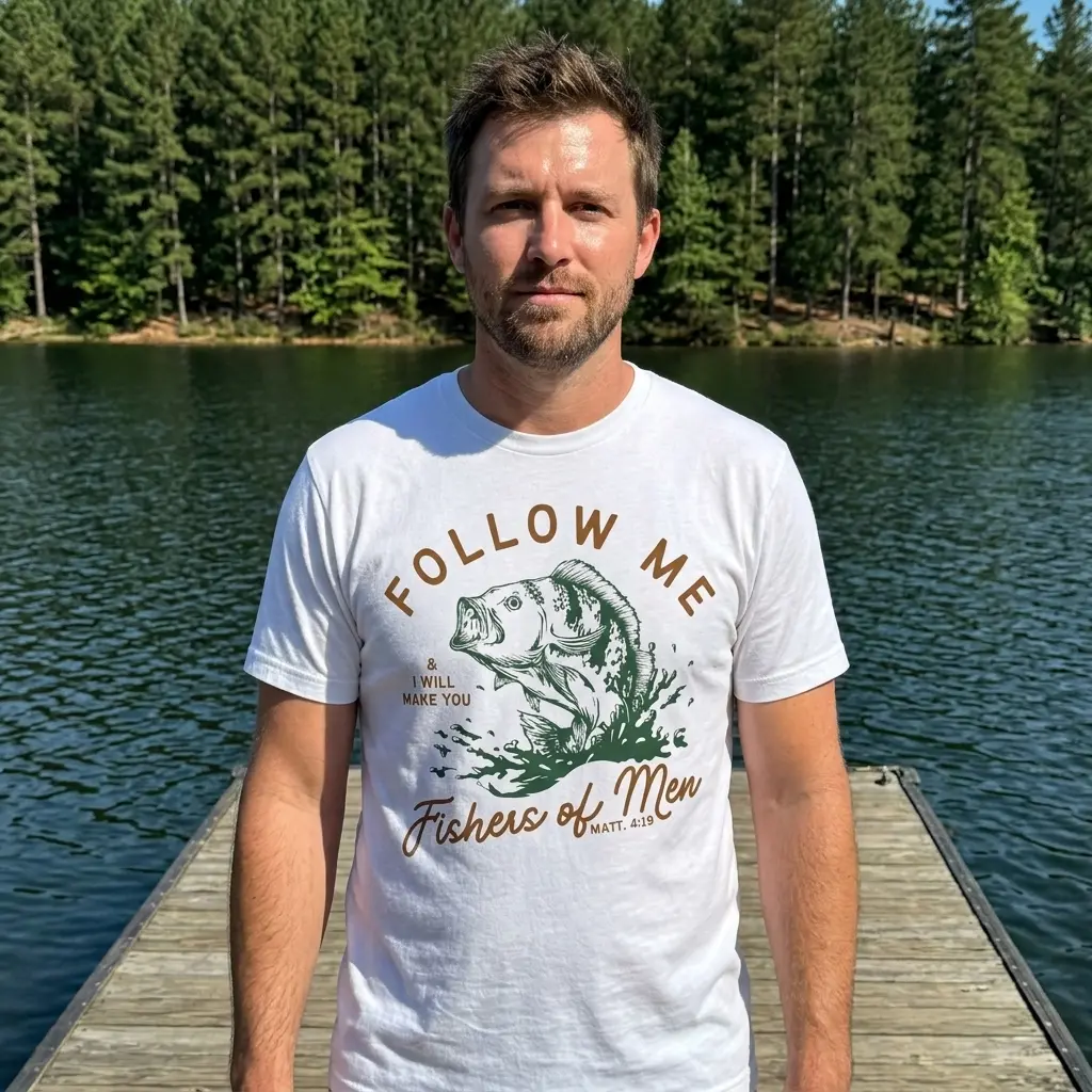 Fishers of Men Christian Fishing T-Shirt 6 Model wearing a 'Fishers of Men' T-shirt in a casual setting.