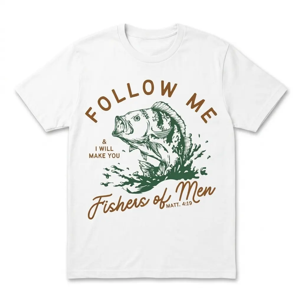 Fishers of Men Christian Fishing T-Shirt 1 White T-shirt featuring the words 'Fishers of Men' with a fish illustration.