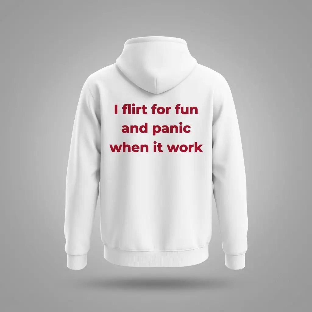 Back flat lay of a hoodie printed with the humorous quote I flirt for fun and panic when it work in dark red font.
