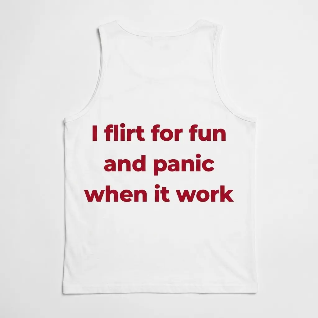 Back flat lay view of a tank top displaying the funny dating text I flirt for fun and panic when it work across the upper back.