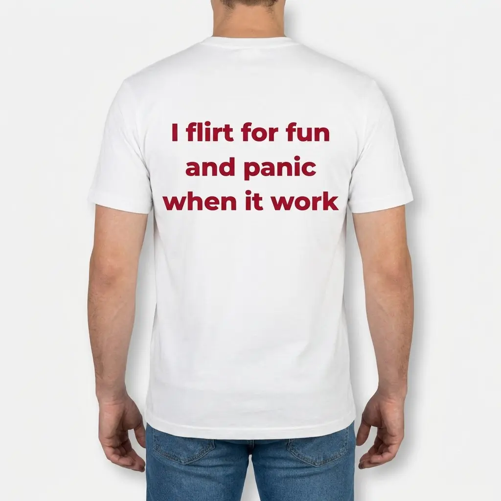 Back view of a male model wearing the funny dating shirt with I flirt for fun and panic when it work printed in bold red lettering.
