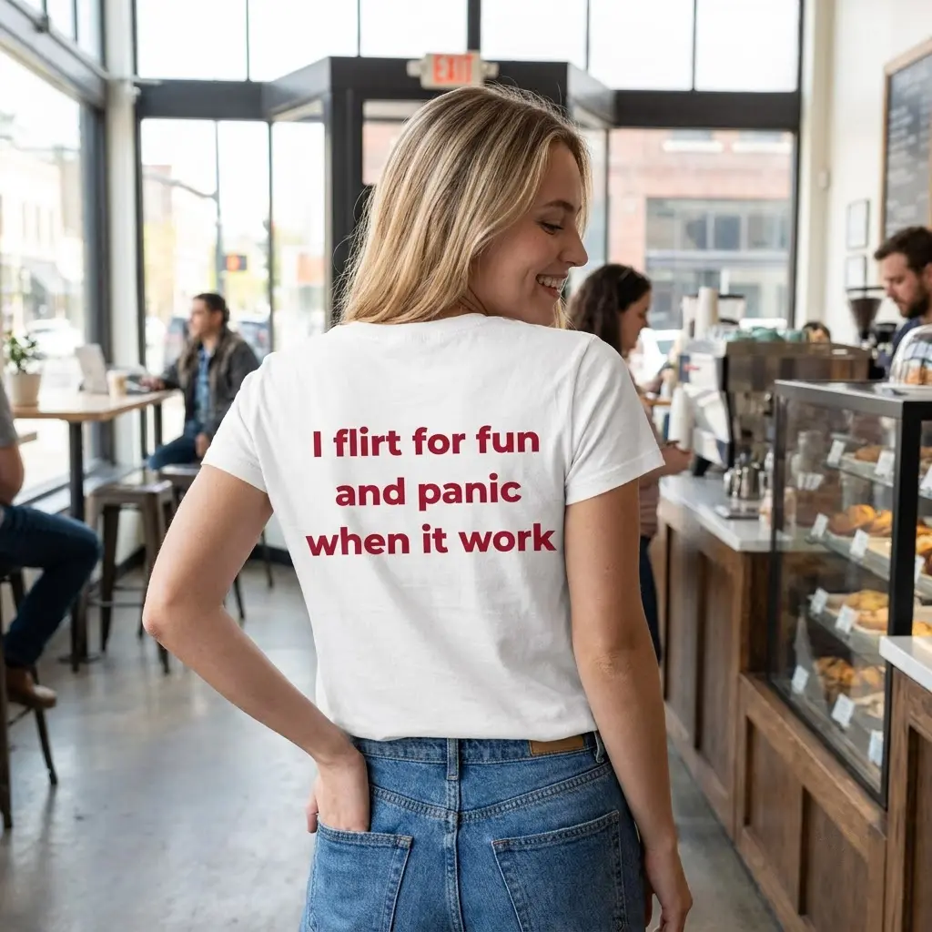 Lifestyle shot showing the funny dating shirt design with the quote I flirt for fun and panic when it work on the back.