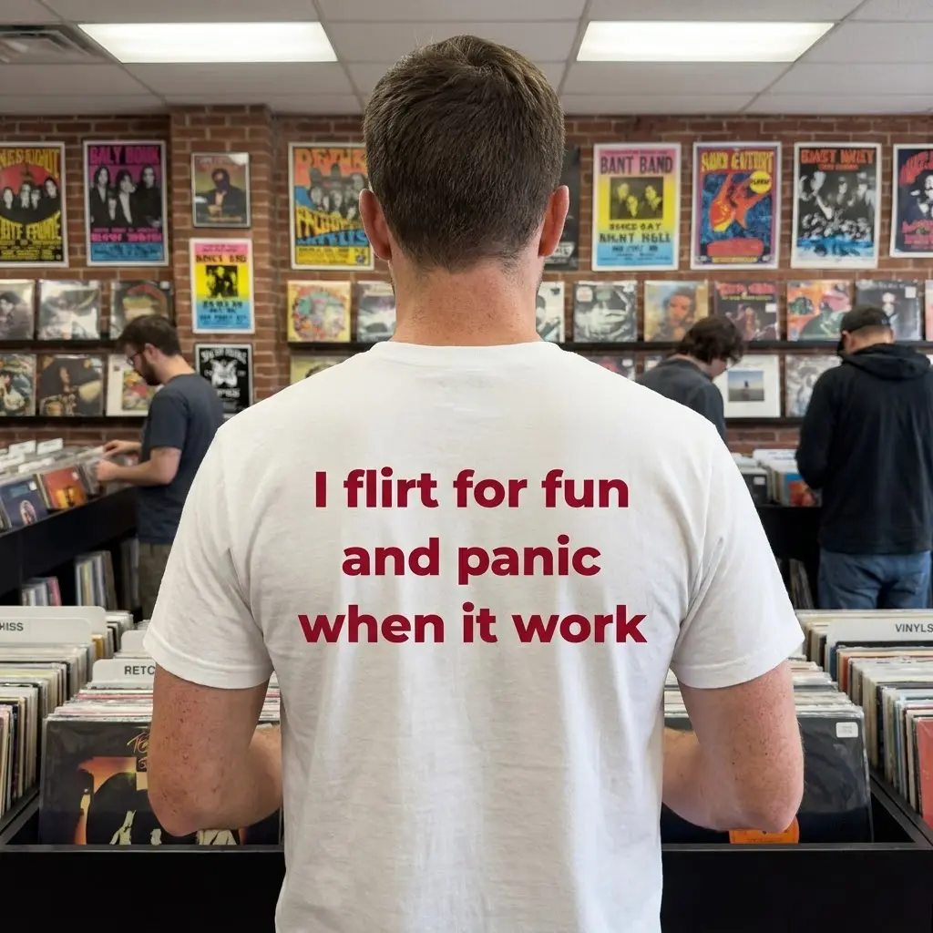 Casual lifestyle scene highlighting the back print of the funny dating shirt with text reading I flirt for fun and panic when it work.