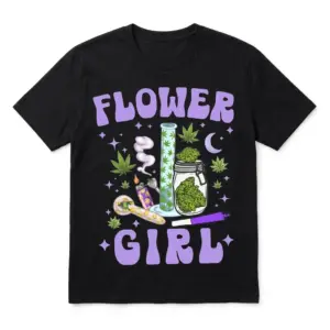 Flower Girl Shirt ? black flat lay tee featuring lavender groovy text around a glass bong, mason jar of buds, pipe, and cannabis leaves