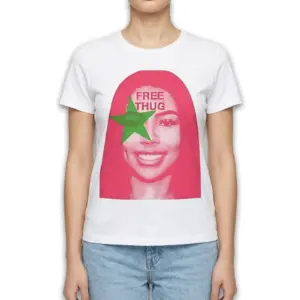 Free Thug Pop Art Streetwear Graphic T-Shirt 9 T-shirt with striking graphic and 'Free Thug' message in pink.