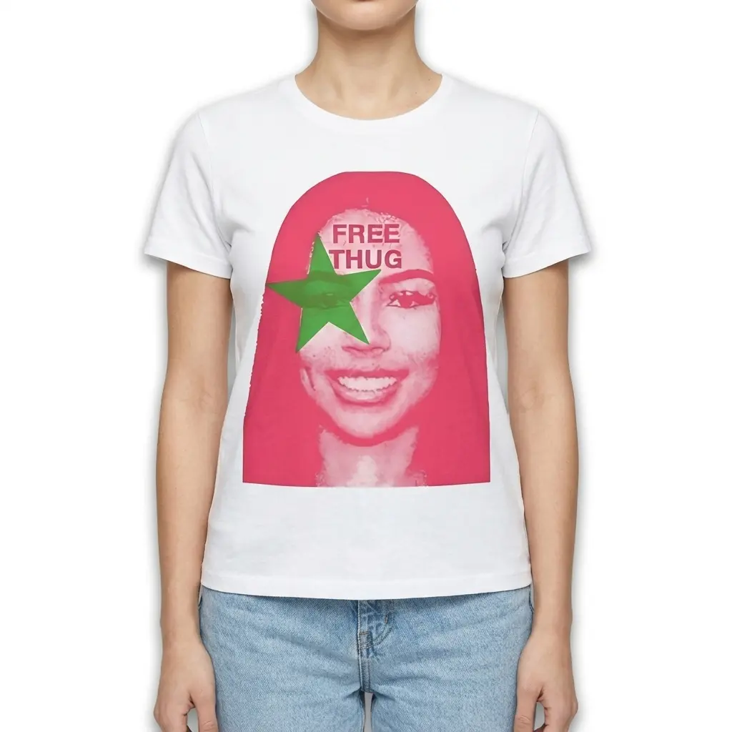 Free Thug Pop Art Streetwear Graphic T-Shirt 4 T-shirt with striking graphic and 'Free Thug' message in pink.