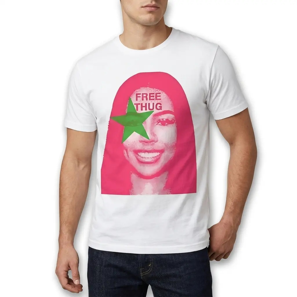 Free Thug Pop Art Streetwear Graphic T-Shirt 5 Pop art T-shirt design with green star and 'Free Thug' text.