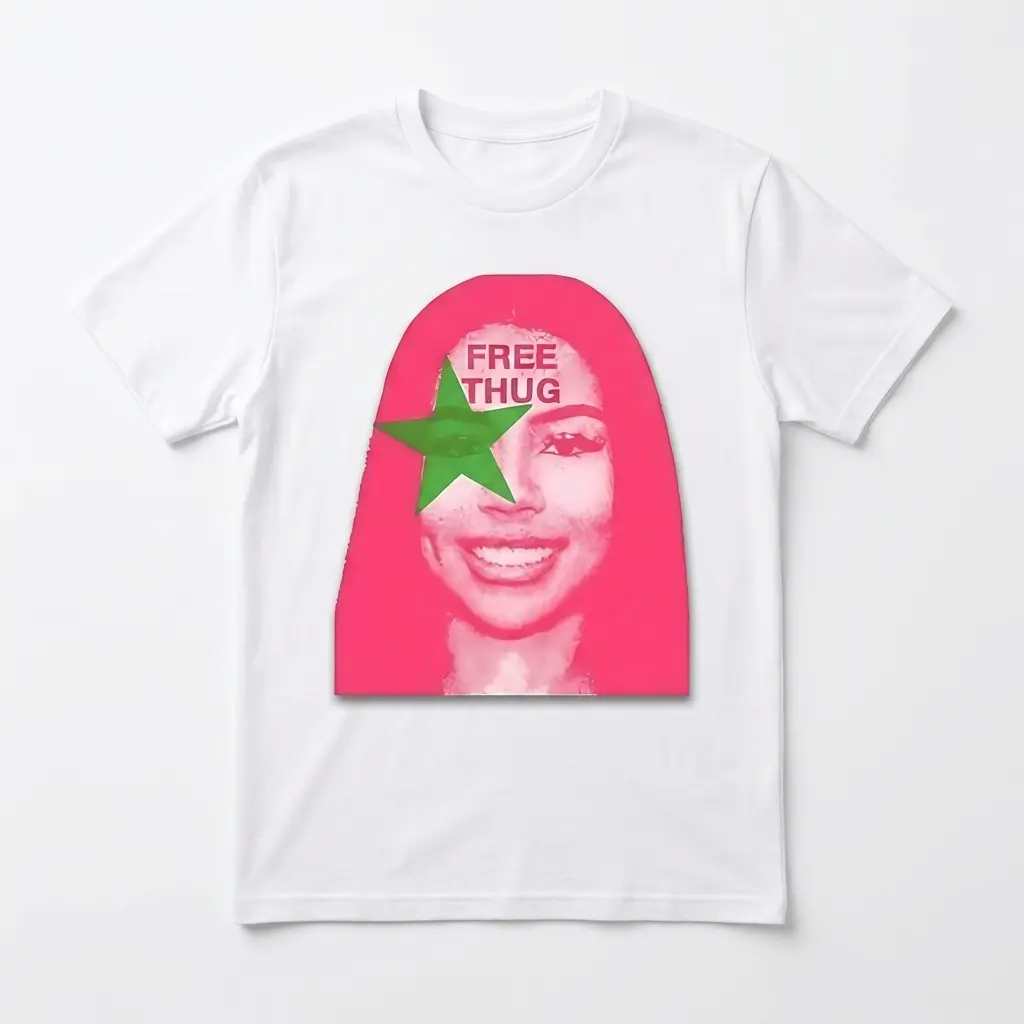 Free Thug Pop Art Streetwear Graphic T-Shirt 1 White T-shirt with pink pop art graphic design and 'Free Thug' text.