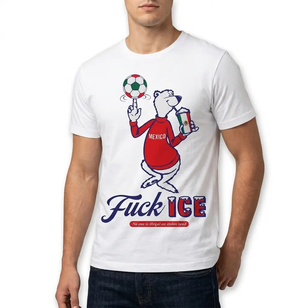 Detailed view of 'Fuck ICE' graphic on a T-shirt.
