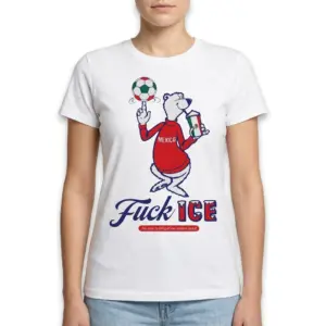 Fuck ICE Mexico Cartoon Bear Graphic T-Shirt 10 Person wearing 'Fuck ICE' T-shirt with Mexican bear graphic.