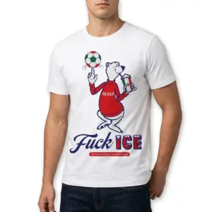 Fuck ICE Mexico Cartoon Bear Graphic T-Shirt 11 Casual look with 'Fuck ICE' Mexico bear T-shirt.