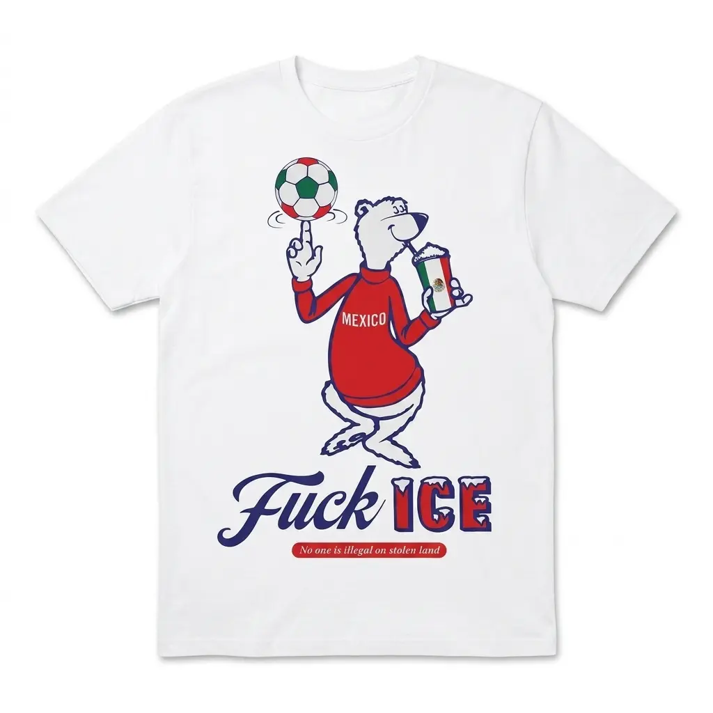 T-shirt with 'Fuck ICE' and cartoon bear in Mexican colors.