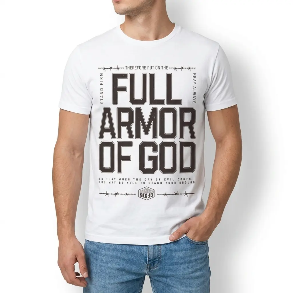 Full Armor of God Christian Graphic T-Shirt 3 Side view of Full Armor of God T-Shirt showcasing arm fit.