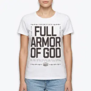 Full Armor of God Christian Graphic T-Shirt 9 Close-up of Full Armor of God T-Shirt fabric and design details.