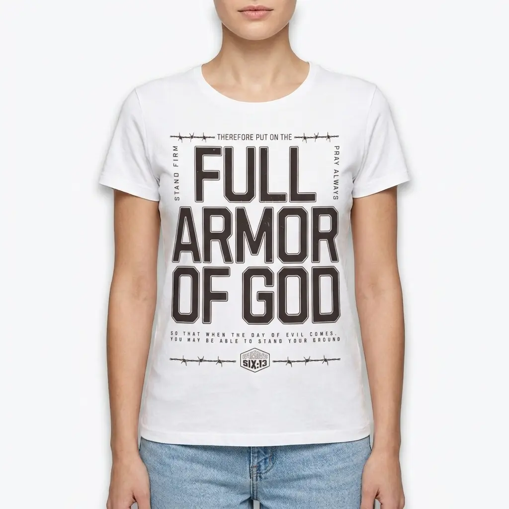 Full Armor of God Christian Graphic T-Shirt 4 Close-up of Full Armor of God T-Shirt fabric and design details.