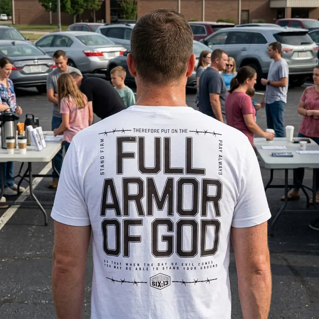 Full Armor of God Christian Graphic T-Shirt 6 Person wearing Full Armor of God T-Shirt in a casual setting.